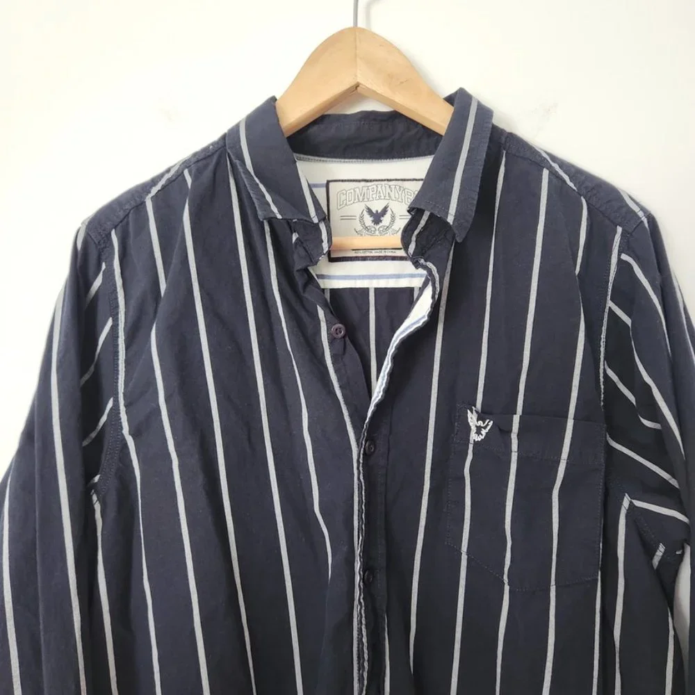 Y2K Striped Button Down Shirt Navy Blue White Men's Large Company‎ 81 Eagle Vtg